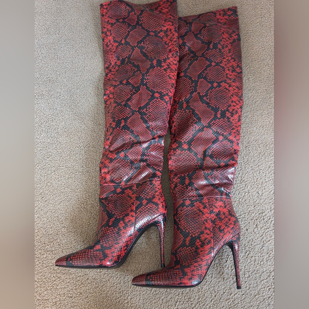 Red Snake Print Over-the-Knee Boots